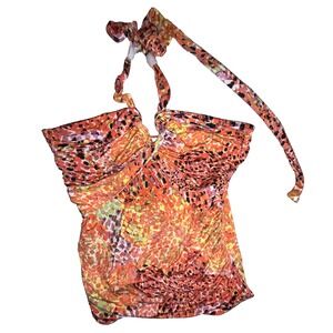Baby Phat Y2K Halter Top Medium Orange Animal Print Rhinestone Logo
